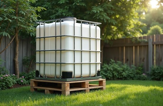 Large white intermediate bulk container sits on wood pallets. Ibc tank holds water in green backyard garden. Sunny day light shines on grass, trees. Wooden fence in background. Eco friendly water