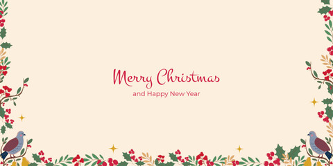 Elegant Christmas and New Year card with festive holly, berries, and birds framing a warm holiday message on beige background. Vector art