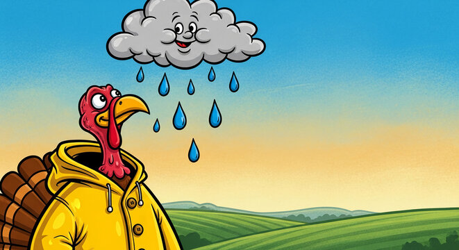 Cartoon image of a turkey in a yellow raincoat under a rain cloud, representing humor or unexpected weather during holiday season or event