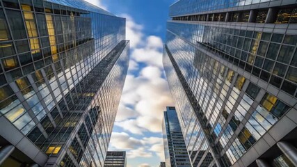 Soaring glass skyscrapers reflect dynamic blue sky and fluffy clouds, embodying modern corporate ambition and urban architectural achievement in a bustling metropolis.