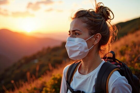 Woman hiking at sunset in the mountains wearing a medical N95 face mask. - Powered by Adobe