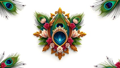 Elegant Peacock Feather Floral Design with Golden Wedding Rings and Vibrant Blooms – Luxury Indian Decorative Artwork