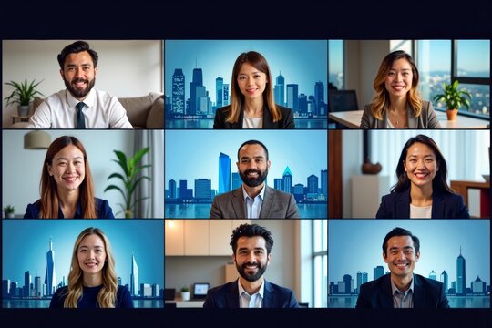 Photo idea: A global panel of professionals from various industries engaging in an online video conference webinar call