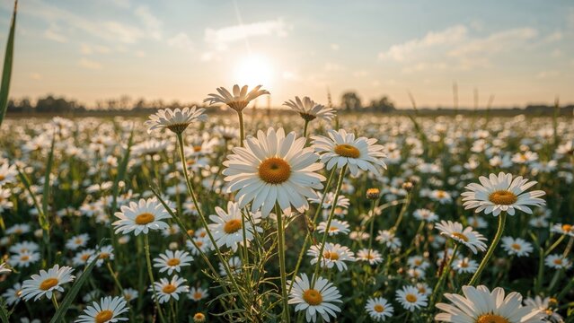 Field of daisies at sunset with sunlight behind the flowers, capturing a peaceful and natural scene.