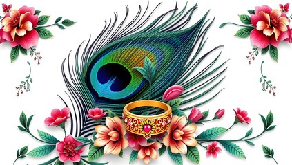 Elegant Peacock Feather Floral Design with Golden Wedding Rings and Vibrant Blooms – Luxury Indian Decorative Artwork