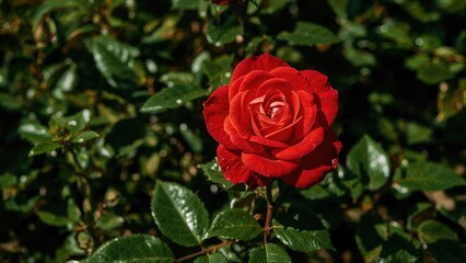 Fototapeta premium Bright red rose with dewdrops on green leaves.