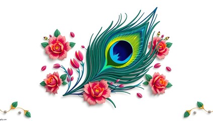 Elegant Peacock Feather Floral Design with Golden Wedding Rings and Vibrant Blooms – Luxury Indian Decorative Artwork