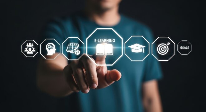 Man's Finger Touching Virtual Screen with "E-Learning" Icon and Related Educational Concepts. Digital Transformation, Distance Education, and Online Training Technology.