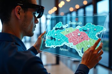 Advanced holographic land development map showcasing vibrant, geometric-shaped developer plots in intricate cadastre plan