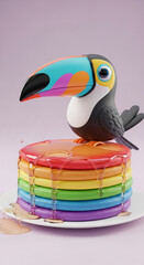 Naklejka premium Stylized toucan bird atop stack of colorful pancake rounds with drizzled syrup, representing tasty treat, breakfast, and whimsical food concept