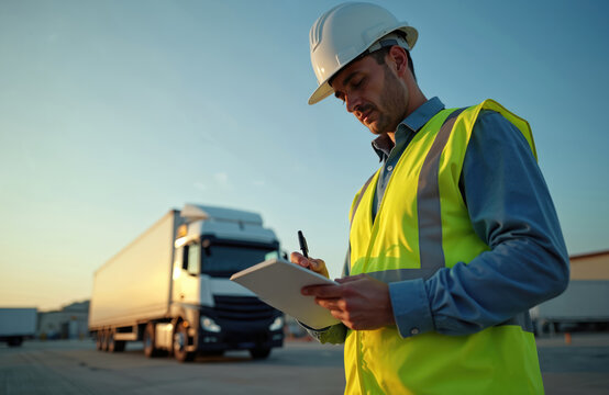 Dispatcher checks cargo documentation outdoors. Driver takes notes near truck on parking. Inspector in hardhat, vest writing on clipboard during inspection of semi truck delivery. Shipment quality