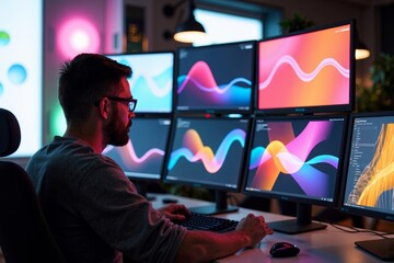 Graphic Web Designer Engrossed in Project, Surrounded by Colorful Abstract Designs on Multiple Monitors