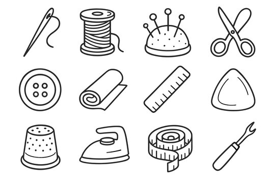 Vector ruler tool icons button measure roll sewing iron fabric thimble icon