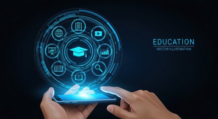 Hands Holding Smartphone or Tablet with Holographic Ring Interface of Education Icons. Digital Learning, E-Learning Platform, and Future Mobile Technology Concept.