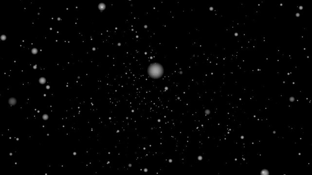 White snow overlay layer on black background video. Falling snowflakes, bokeh lights, and soft snowfall motion. Winter Christmas holiday texture for festive scenes, overlays, seasonal design backdrop