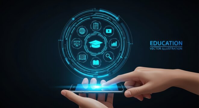 Hands Holding Smartphone or Tablet with Holographic Ring Interface of Education Icons. Digital Learning, E-Learning Platform, and Future Mobile Technology Concept.