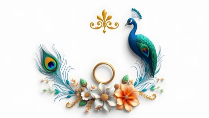 Elegant Peacock Feather Floral Design with Golden Wedding Rings and Vibrant Blooms – Luxury Indian Decorative Artwork