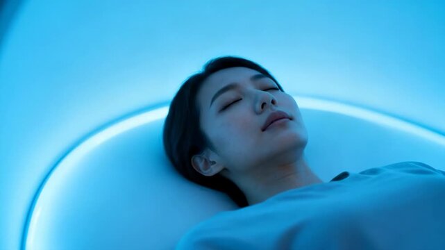 Serene Woman Resting in Futuristic Blue-Lit Pod