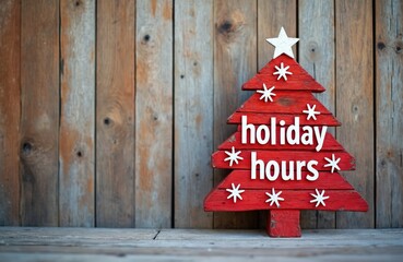Red wooden Christmas tree decoration displays holiday hours text. Rustic sign with snowflakes on weathered planks. Seasonal retail shop information. Festive copy space.