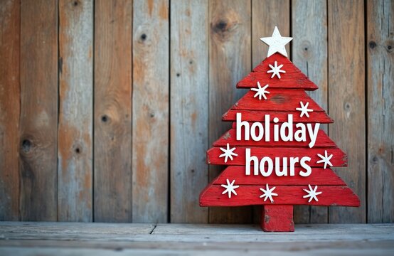 Red wooden Christmas tree decoration displays holiday hours text. Rustic sign with snowflakes on weathered planks. Seasonal retail shop information. Festive copy space.
