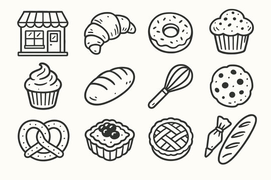 Donut bag set muffin pretzel piping icon loaf vector baguette bakery cupcake