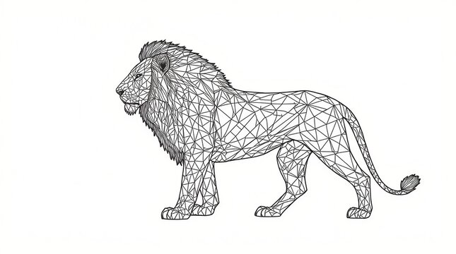 Geometric polygonal lion illustration in black and white, full-body line art drawing with abstract triangular shapes, modern minimal wildlife design for coloring pages and artistic decor - Powered by Adobe