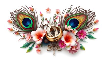 Elegant Peacock Feather Floral Design with Golden Wedding Rings and Vibrant Blooms – Luxury Indian Decorative Artwork