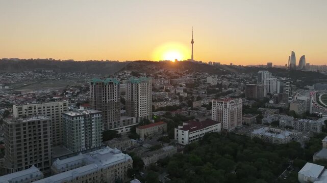 Azerbaijan Drone: Sunrise over Baku City and TV Tower