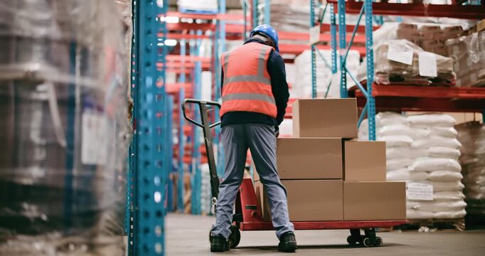 Logistics, tablet or man in warehouse with trolley, stock count or loading checklist in shipping industry. Supply chain, tech or packer in depot with cart, cargo and box inspection for distribution.