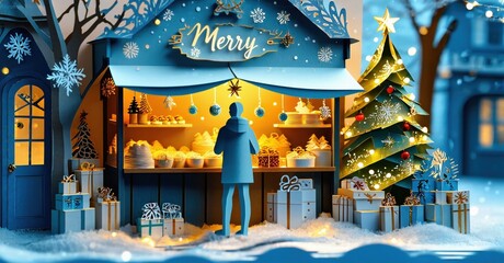 Festive winter scene. Small shop displays treats, gifts. Person views items near decorated tree. Snow covers ground, buildings.