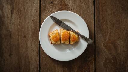 Slices of bread with orange jam on a white plate and a knife, placed on a wooden table.