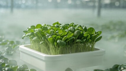 Young green plants growing in a tray under controlled conditions
