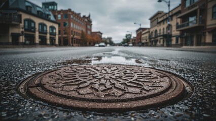 City street view after rain with wet pavement and a manhole cover in focus. Urban environment with buildings and cloudy sky. The scene depicts a rainy day in the city.