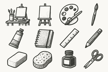 Fototapeta premium Sketchbook ink palette pencil tube easel vector art brush icon icons studio