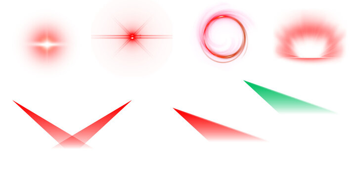 Collection of abstract glowing light effects and lens flares in red and green on a black background