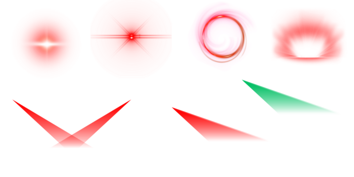 Collection of abstract glowing light effects and lens flares in red and green on a black background