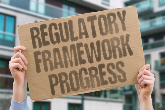 "Regulatory Framework Progress" Governments establish clearer guidelines. REGULATORY. FRAMEWORK. GOVERNMENT. GUIDELINE. CLEAR.
