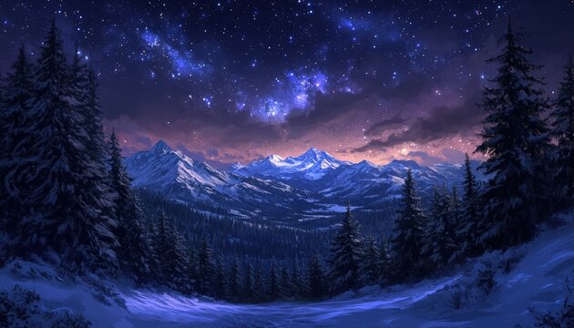 Snowy mountain range illuminates under a dramatic, starry twilight sky above a dark forest