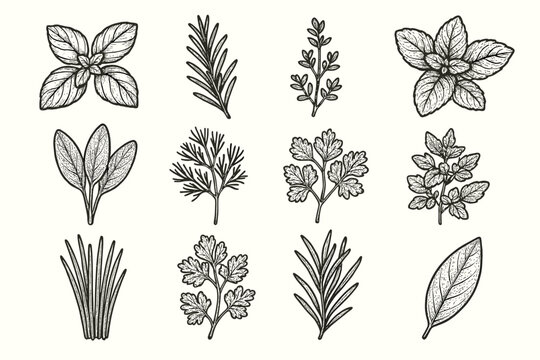 Mint herb collection vector bay icon parsley leaf sprig basil oregano coriander