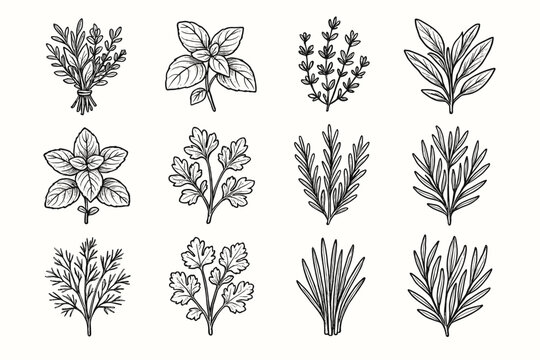 Sage rosemary stalks herb leaf vector icon mint chive oregano botanical tarragon