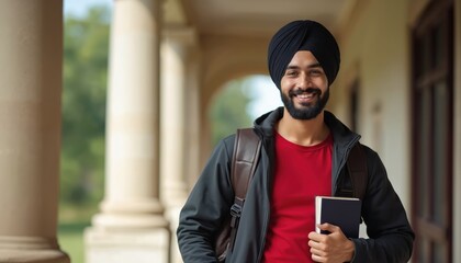 Young sikh student smiles happily while holding book and backpack outside university building. Person wears black turban and red shirt, ready for learning.