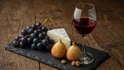 A wine glass filled with red wine, grapes, cheese, pears, and nuts on a rustic wooden surface.