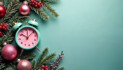 Retro alarm clock with pink face sits on teal background with pine branches and baubles. Festive holiday decoration implies Christmas sale or New Year countdown celebration. Great for marketing.