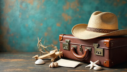 Retro brown suitcase with straw hat sits on wooden table. Beach vacation accessories like seashell, starfish, and wooden plane suggest upcoming travel adventure.