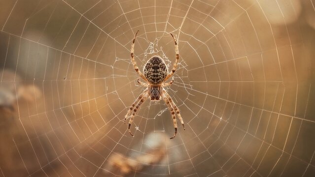 Close-up of a spider on its web with intricate patterns and a blurred background. - Powered by Adobe