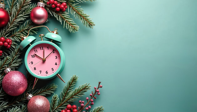 Retro alarm clock with pink face sits on teal background with pine branches and baubles. Festive holiday decoration implies Christmas sale or New Year countdown celebration. Great for marketing.
