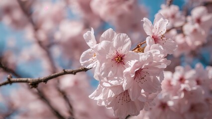 Obraz premium Close-up of cherry blossoms in full bloom on a tree branch in spring. Springtime, flowering, nature. The scene of delicate cherry blossoms.
