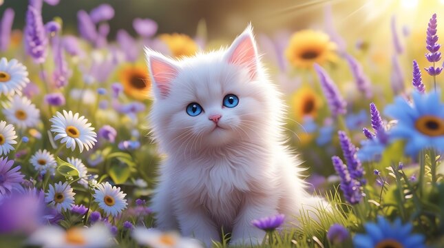 Ultra cute white kitten sitting in sunlit meadow of flowers