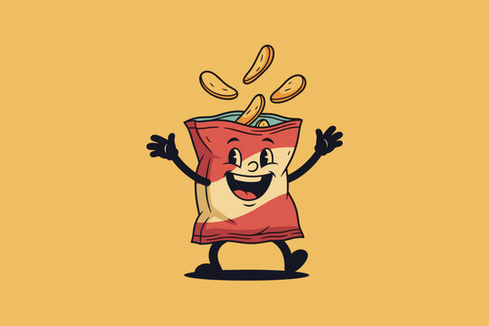 Happy Cartoon Potato Chip Bag with Chips Falling Out.