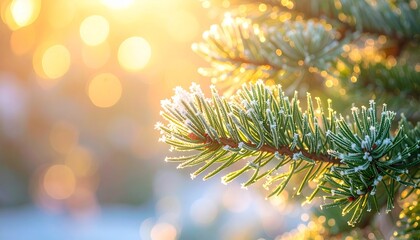Frosted Pine Branches Glowing in Golden Morning Light – Cozy Winter Nature Macro Photography with Warm Bokeh and Festive Atmosphere
